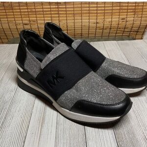 Michael Kors Felix Trainer Slip-on Wedges Flat Sneakers Black Silver Size 10